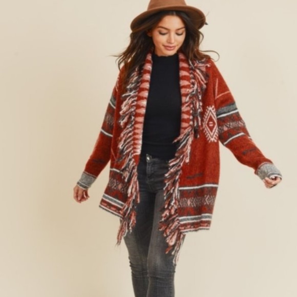 in stock SHANIA Tribal Print Fringe Cardigan - Picture 2 of 8